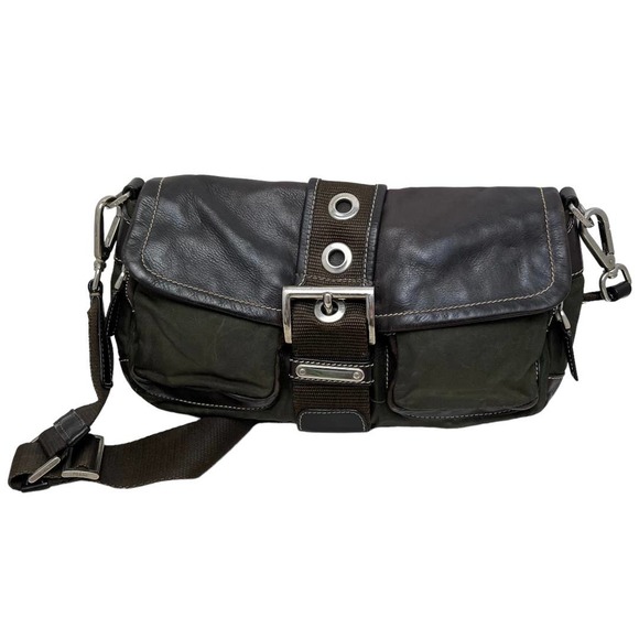 Prada Y2K Vintage Tessuto Shoulder Bag Leather Nylon Green Brown Authenticated - Picture 1 of 11